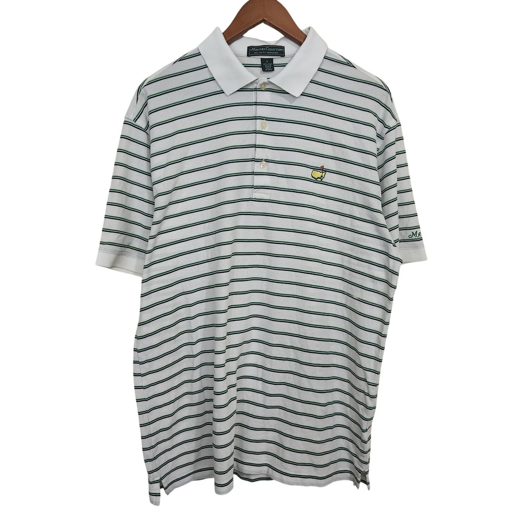Masters Collection Golf Polo Mens Large White Green Striped Pima Cotton Augusta
